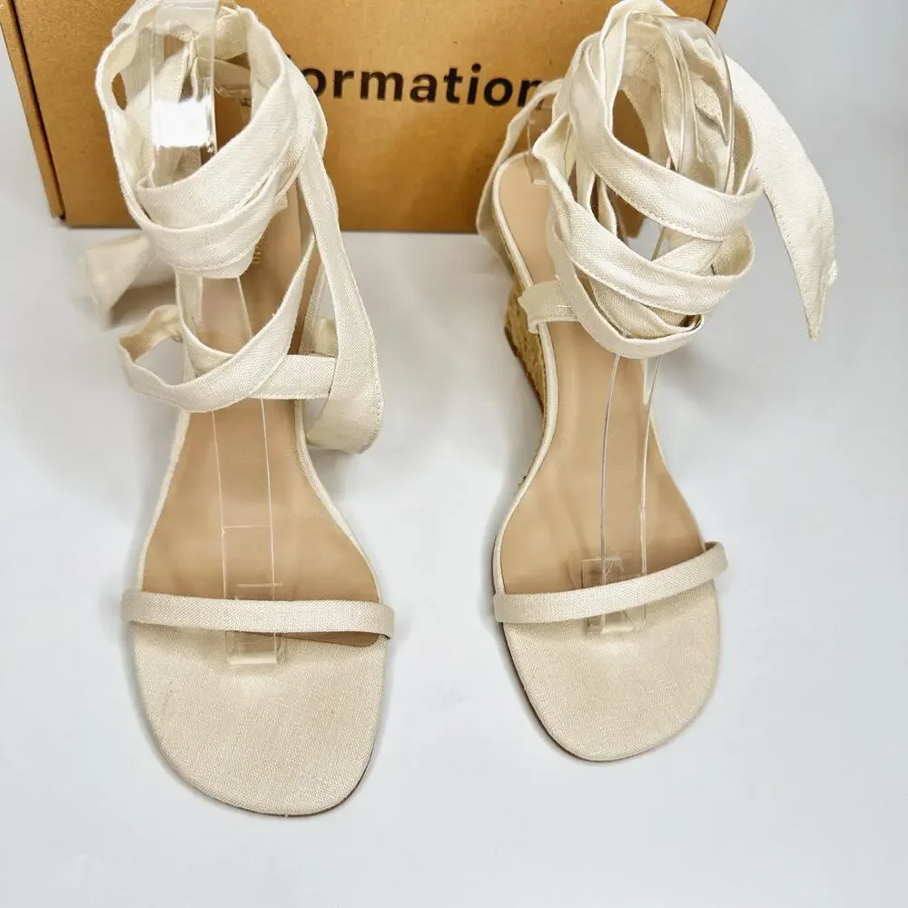 NWT Reformation Alessa Lace Up Cream Linen Wedge Espadrilles Shoes Size 9